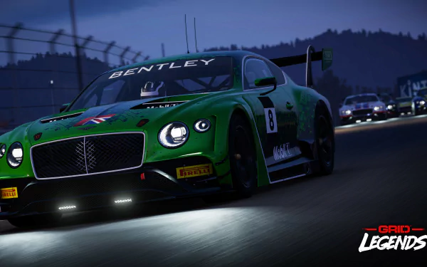 4K Ultra HD PC desktop wallpaper/background from the video game GRiD Legends: close-up green Bentley race car speeding at night, headlights cutting through a motion-blurred track.