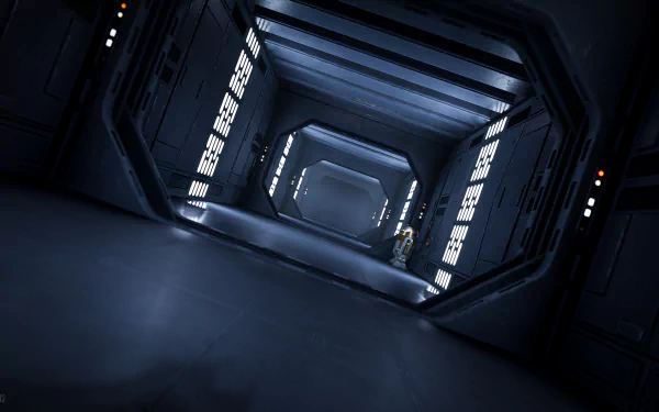 Star Wars Jedi: Fallen Order video game 4K Ultra HD PC desktop wallpaper of a tilted, dim-lit metallic corridor with illuminated panels.