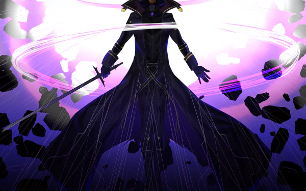 Cid Kagenou from the anime The Eminence in Shadow stands wielding a sword amidst swirling energy in this striking 8K Ultra HD PC desktop wallpaper.