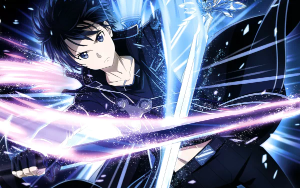 Kirito from Sword Art Online in a captivating HD desktop wallpaper holding his signature dual blades, emanating a powerful aura.