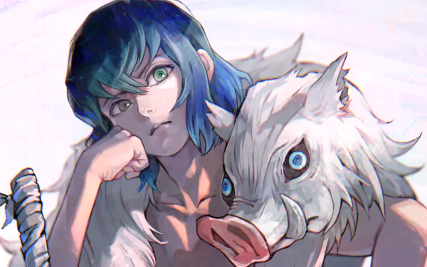 Inosuke Hashibira from Demon Slayer: Kimetsu no Yaiba gazes confidently, resting his chin on his hand, accompanied by his boar mask in this vibrant HD anime wallpaper.