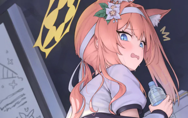 HD PC desktop wallpaper of Iochi Mari from the Blue Archive video game: surprised pink-haired cat-eared girl with flower hairpin, clutching a water bottle against a dark background.