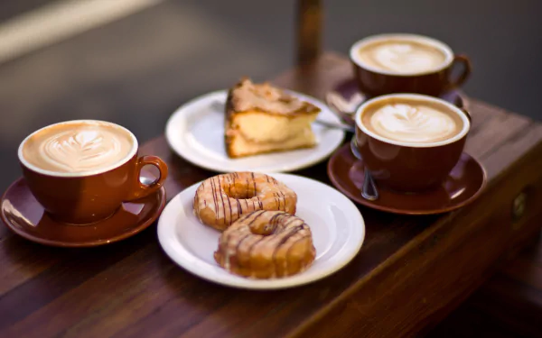 4K Ultra HD image of viennoiserie and coffee on a wooden table, featuring croissants, a slice of cake, and three cups of cappuccino with latte art.