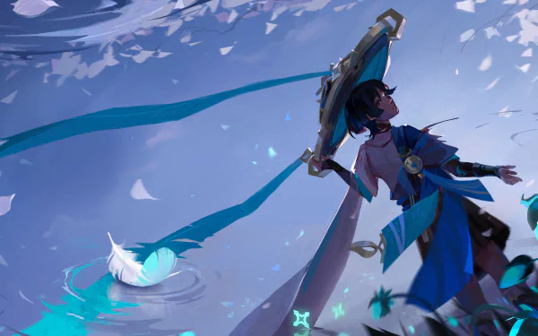 HD PC desktop wallpaper featuring Scaramouche from Genshin Impact in a dynamic pose with flowing ribbons and feather accents against a blue-toned backdrop.