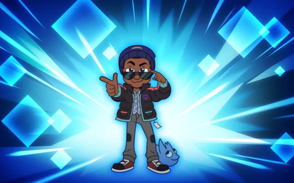 HD PC desktop wallpaper of Gus Porter (The Owl House): Gus in sunglasses and jacket pointing, with a small blue creature at his feet against a radiant blue geometric burst background.