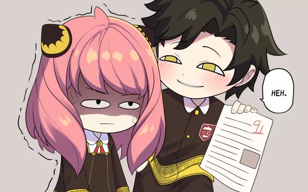 Anime-style 4K wallpaper featuring Damian Desmond smirking and holding a test paper with a 9, while Anya Forger looks unimpressed, from Spy x Family.