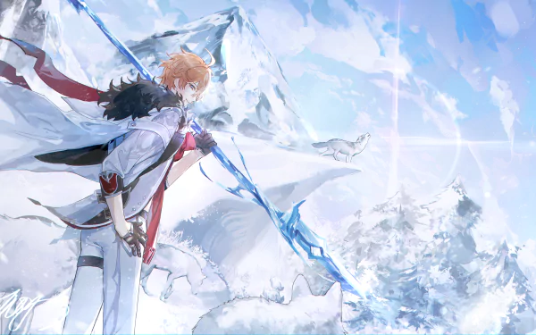 Tartaglia Childe from Genshin Impact stands poised with his weapon amid a snowy landscape in this 4K Ultra HD PC desktop wallpaper from the video game.