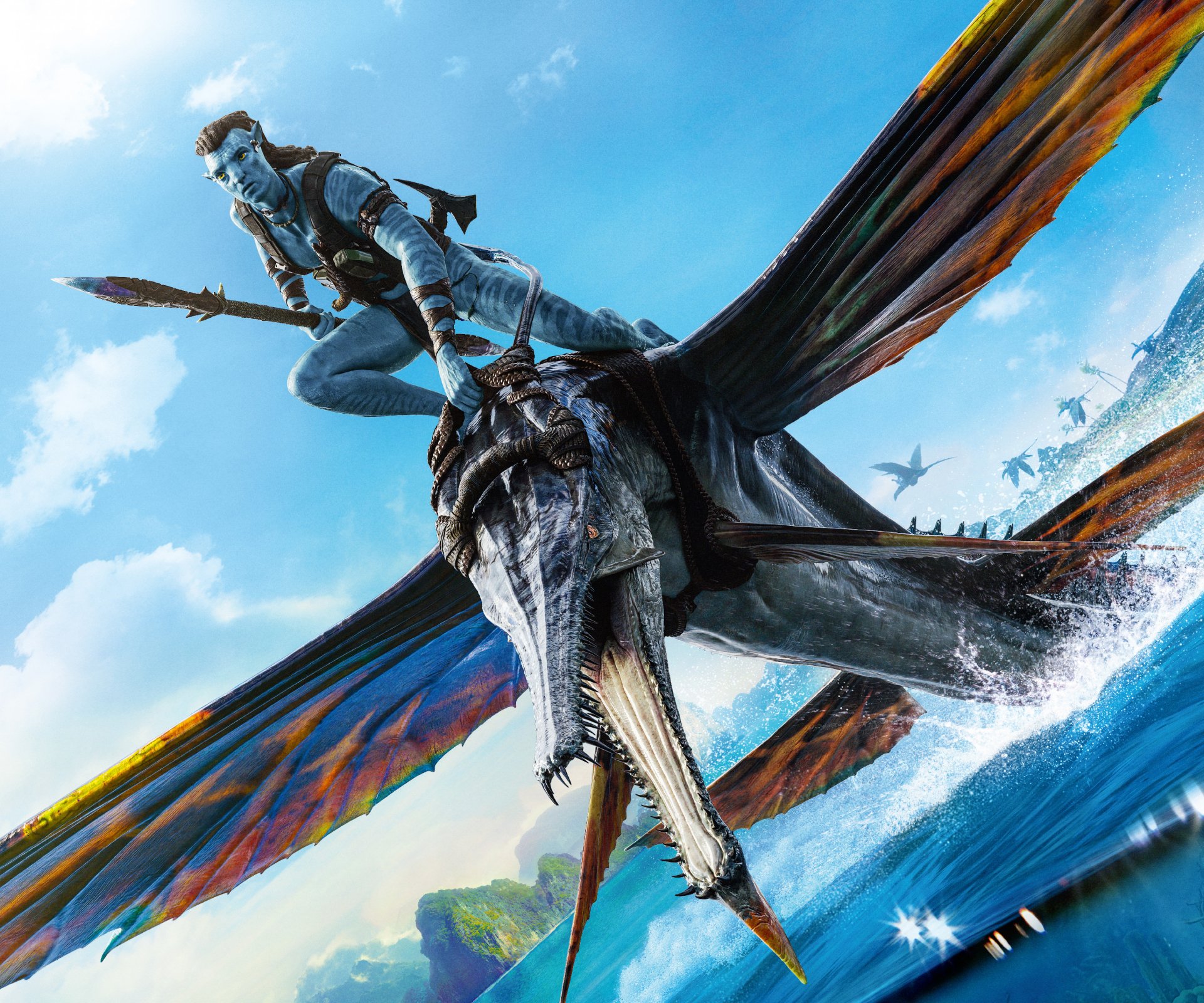 HD PC desktop wallpaper featuring a dynamic scene from the movie Avatar: The Way of Water, showing a character riding a flying creature against a vibrant blue sky.