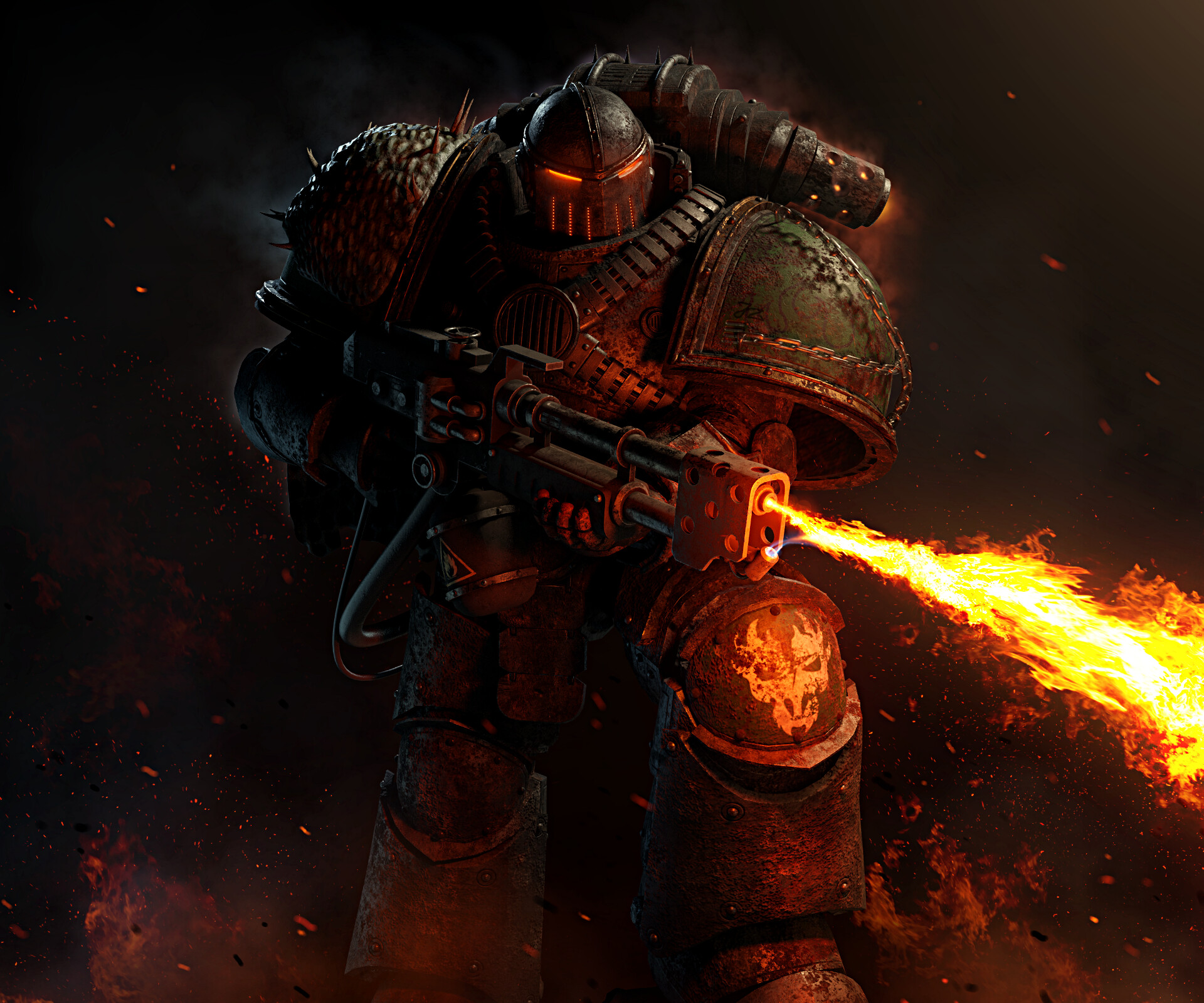 HD desktop wallpaper featuring a Warhammer 40k Space Marine from the Imperium of Man, firing a flamethrower in intense, dark sci-fi battle scene.