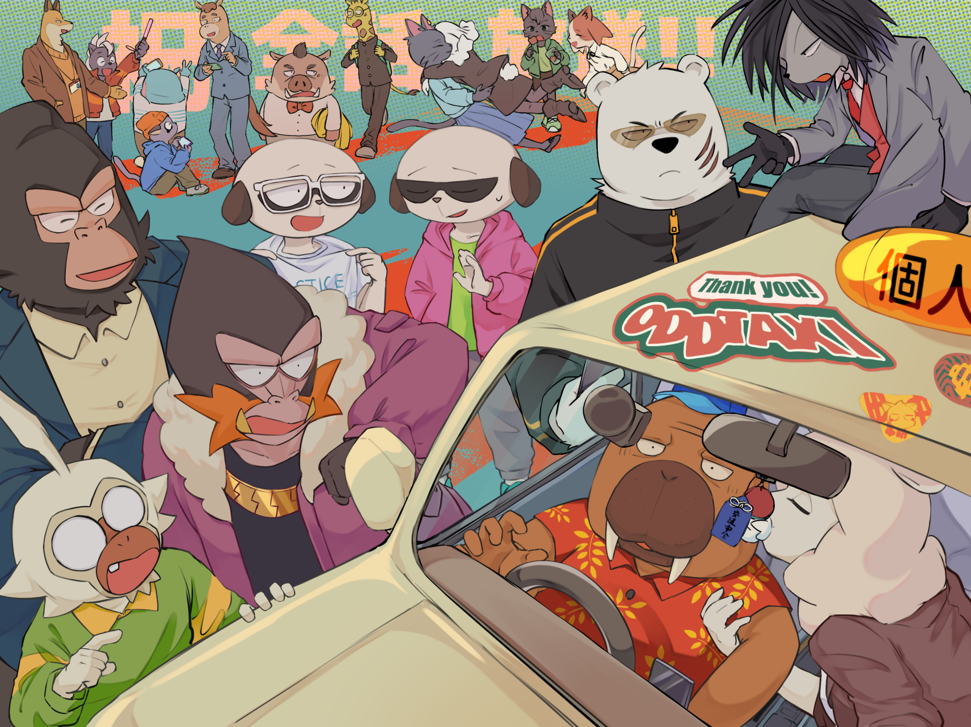 Anime Odd Taxi 2K Quad HD PC desktop wallpaper: anthropomorphic cast gathered around a taxi driven by a walrus-like cabbie, colorful neon city backdrop with a playful noir vibe.
