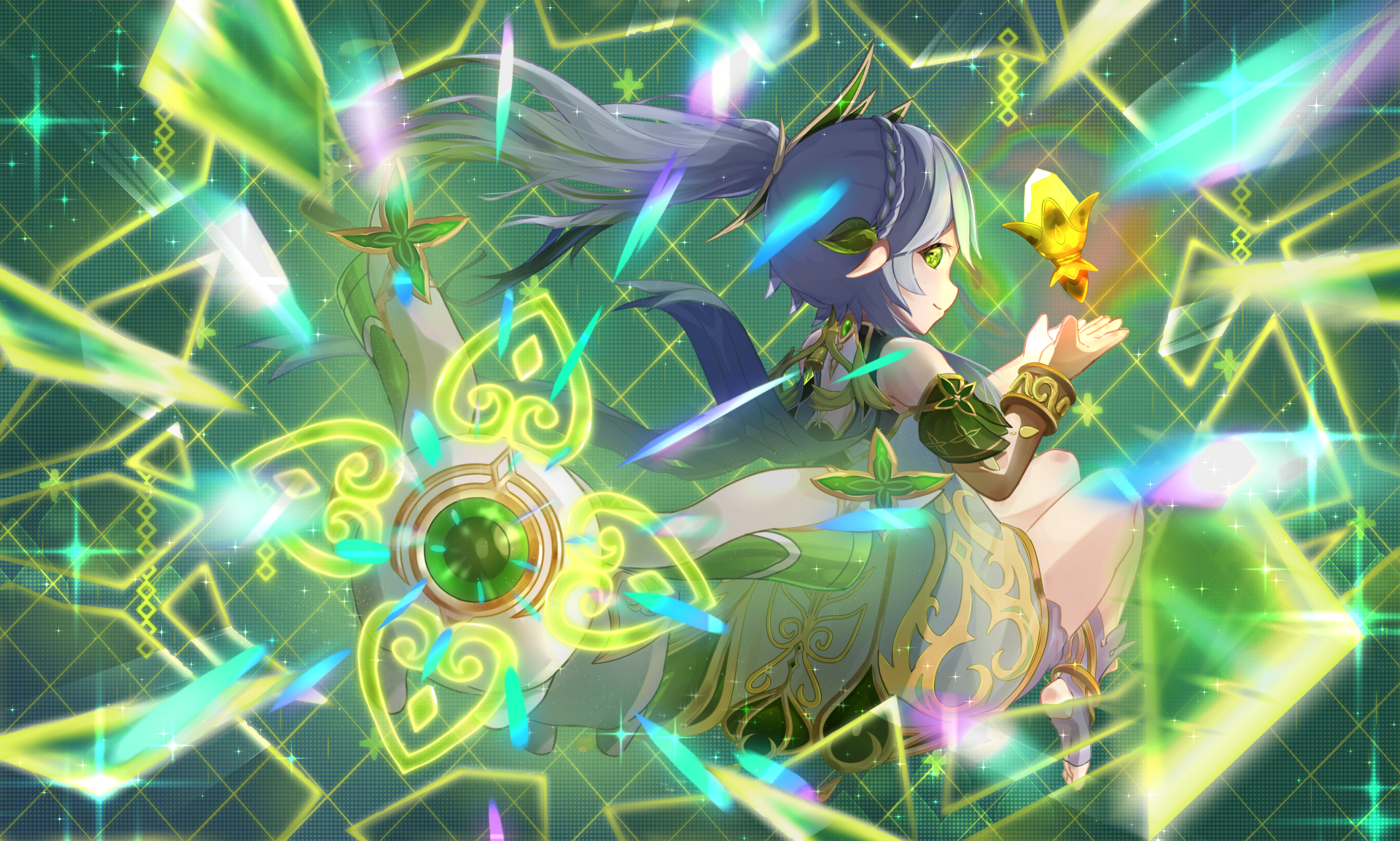 4K Ultra HD PC wallpaper featuring Nahida from the video game Genshin Impact, surrounded by glowing green and gold magical symbols.