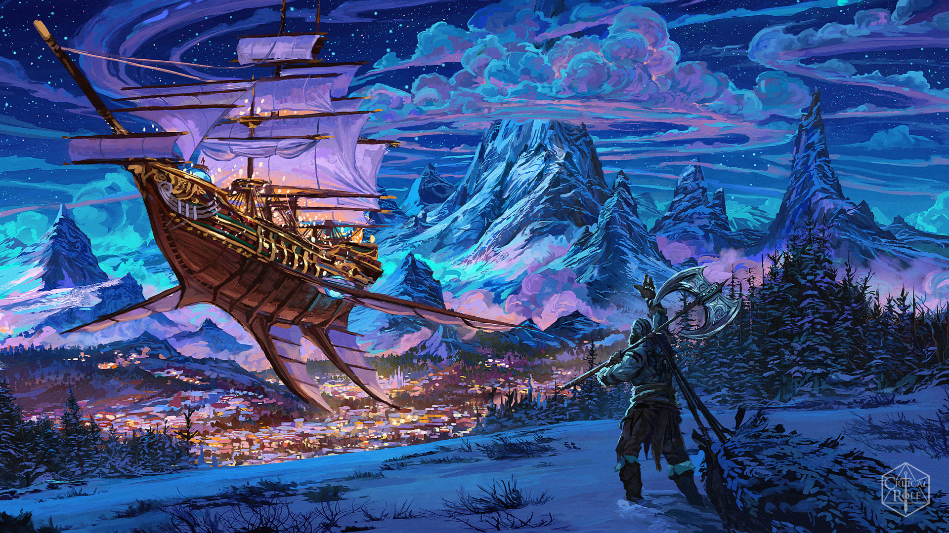 HD PC desktop wallpaper featuring a scene from the TV show The Legend of Vox Machina, showcasing a flying ship over a snowy mountain and a traveler in the foreground.
