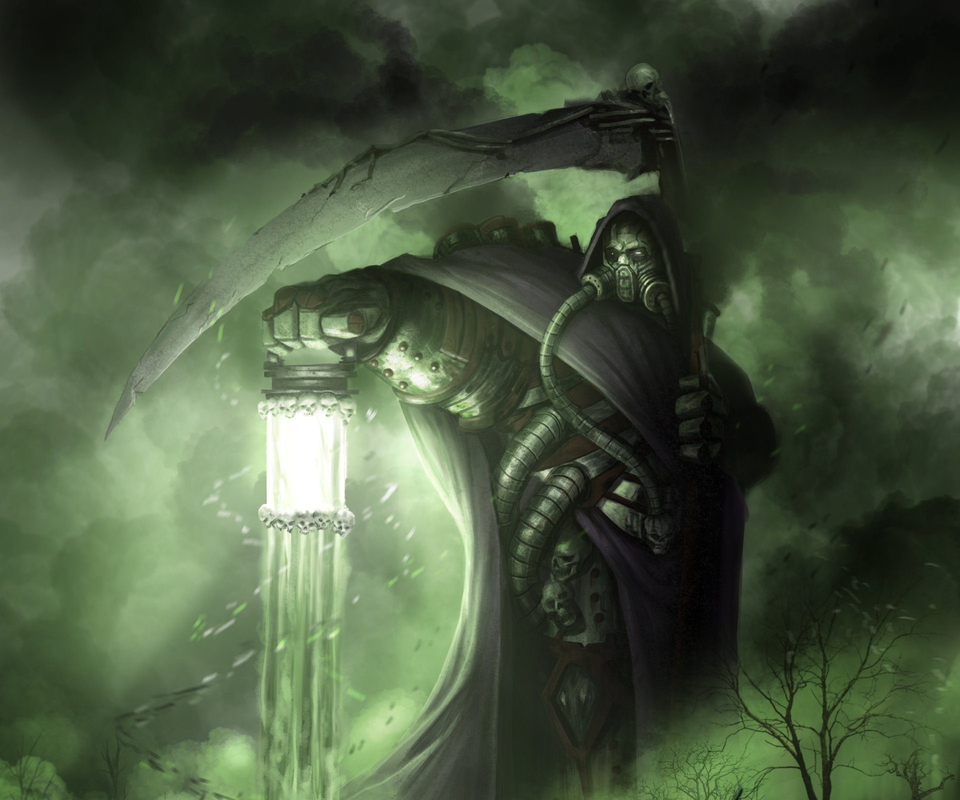 4K Ultra HD Warhammer 40k PC wallpaper featuring a dark, hooded figure holding a lantern, surrounded by an eerie green mist in a grim sci-fi atmosphere.