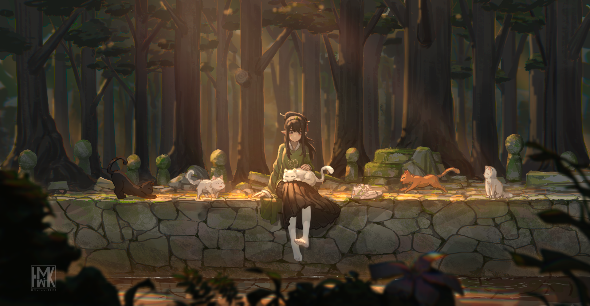 Anime girl sitting on a stone wall surrounded by cats in a forest, depicted in detailed 4K Ultra HD PC desktop wallpaper style.