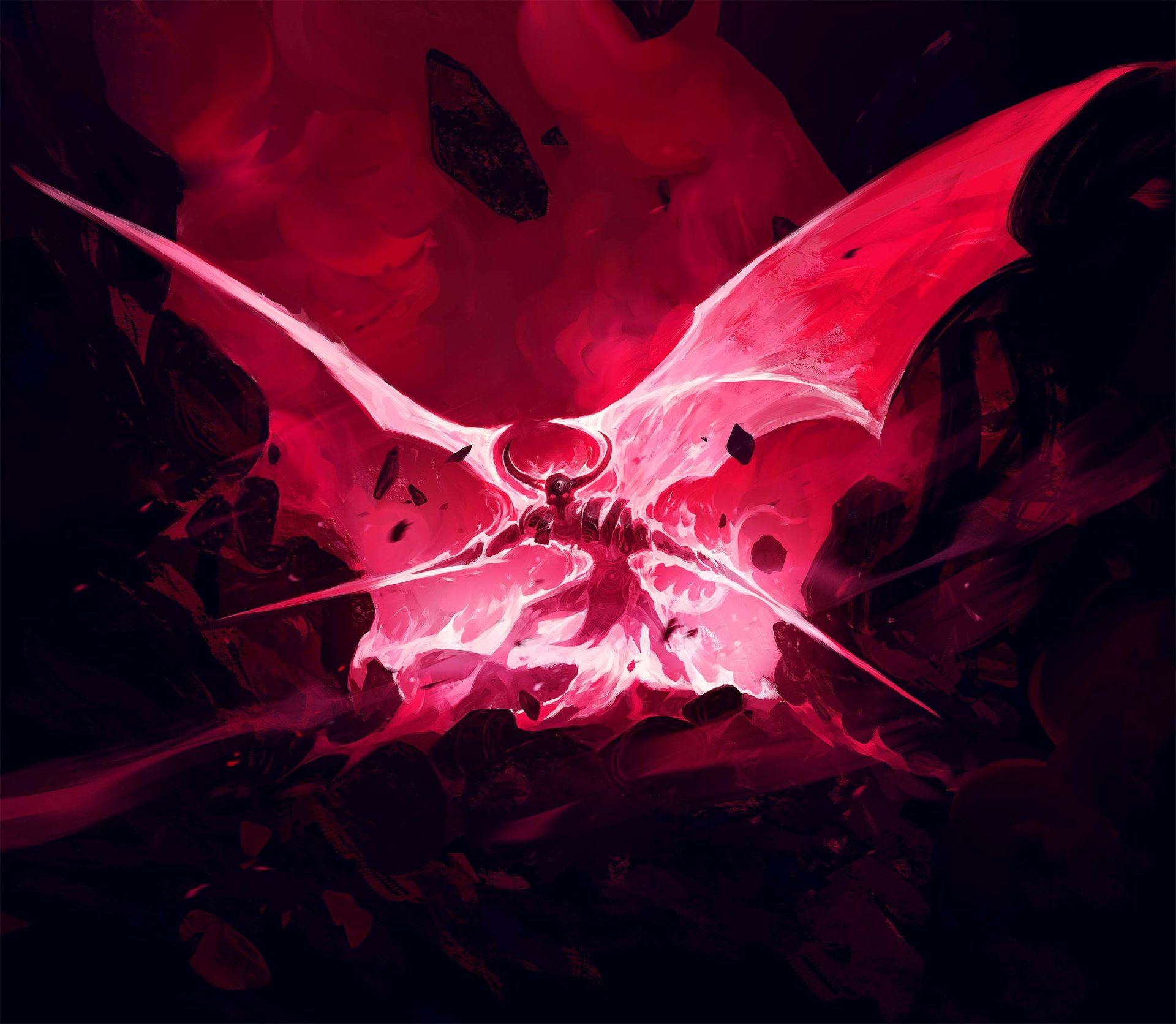 HD fantasy desktop wallpaper featuring a fierce red demon with large wings and glowing eyes amidst dark, fiery surroundings.