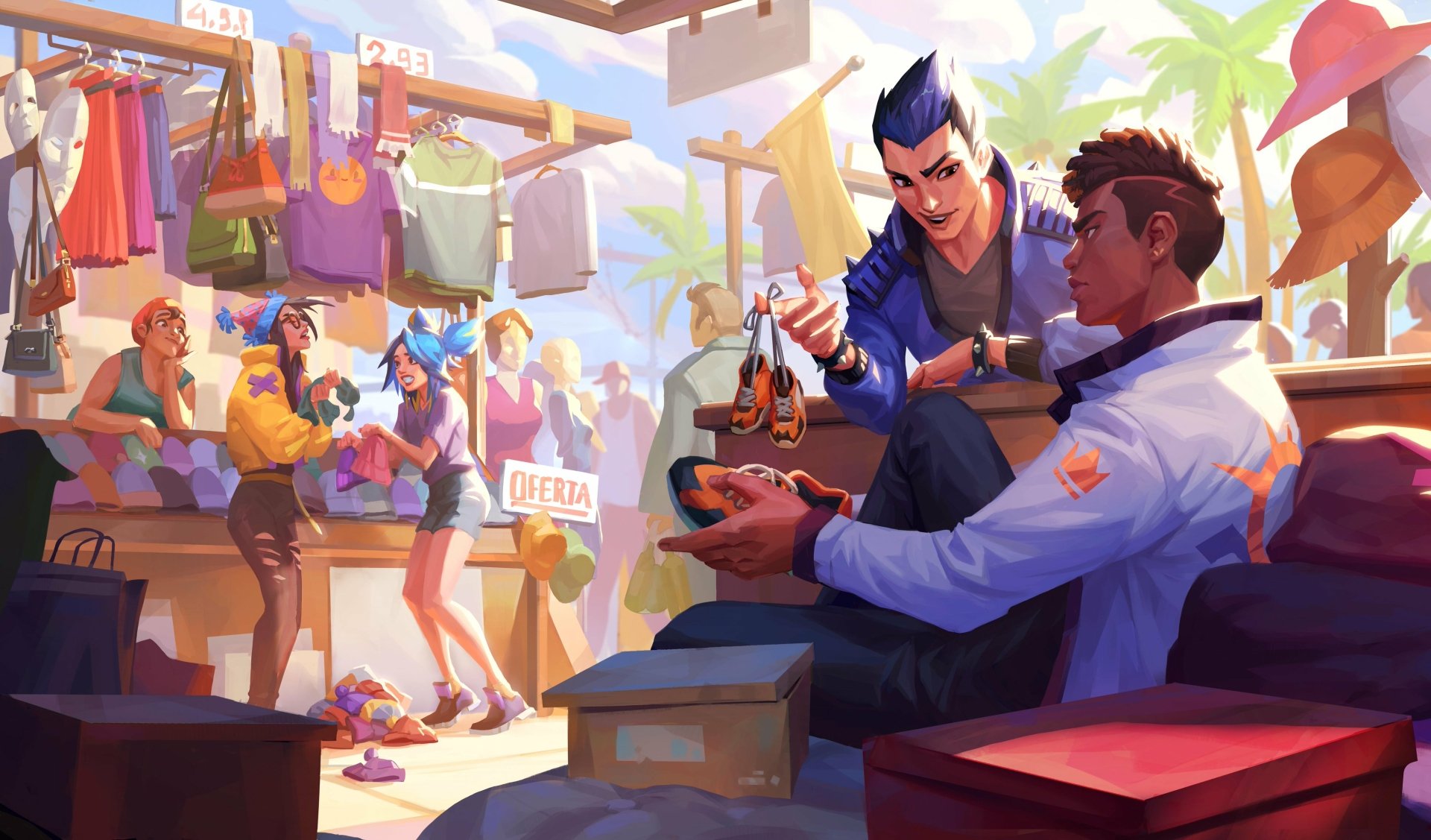 4K Ultra HD Valorant PC wallpaper: Killjoy, Neon, Yoru and Phoenix trade gear in a sunlit market—two agents swap items in the foreground as others browse colorful stalls.