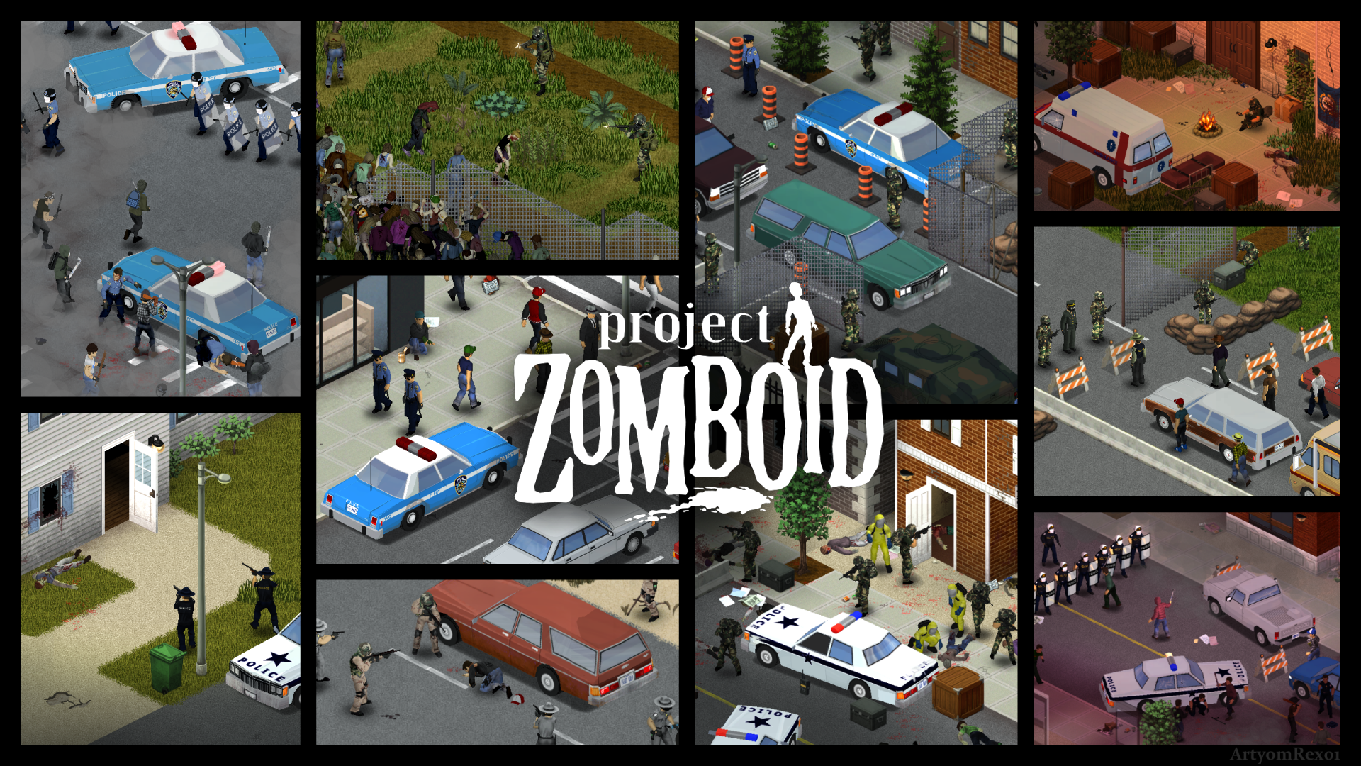 HD PC desktop wallpaper/background for the video game Project Zomboid: collage of isometric zombie scenes with ambulances, streets, survivors and the game's logo.