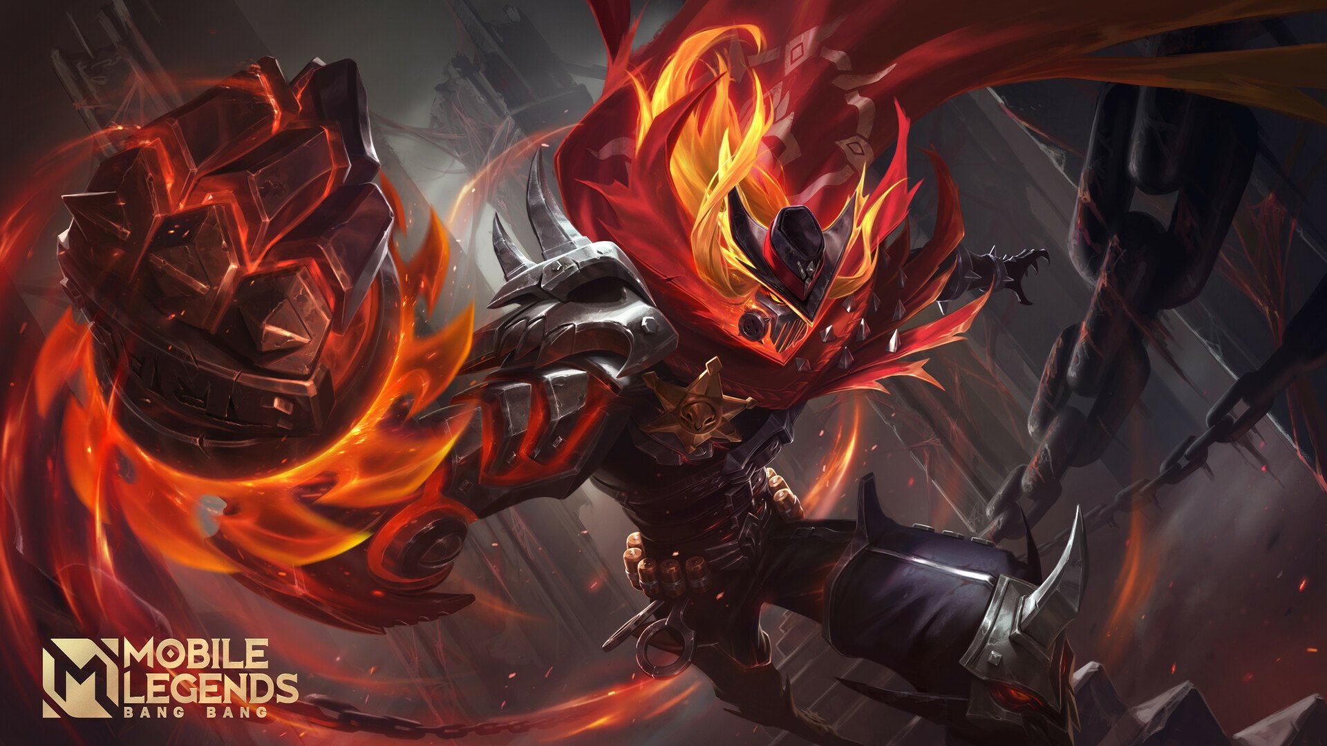 HD PC desktop wallpaper featuring a dynamic fiery warrior character from the video game Mobile Legends: Bang Bang in intense action.