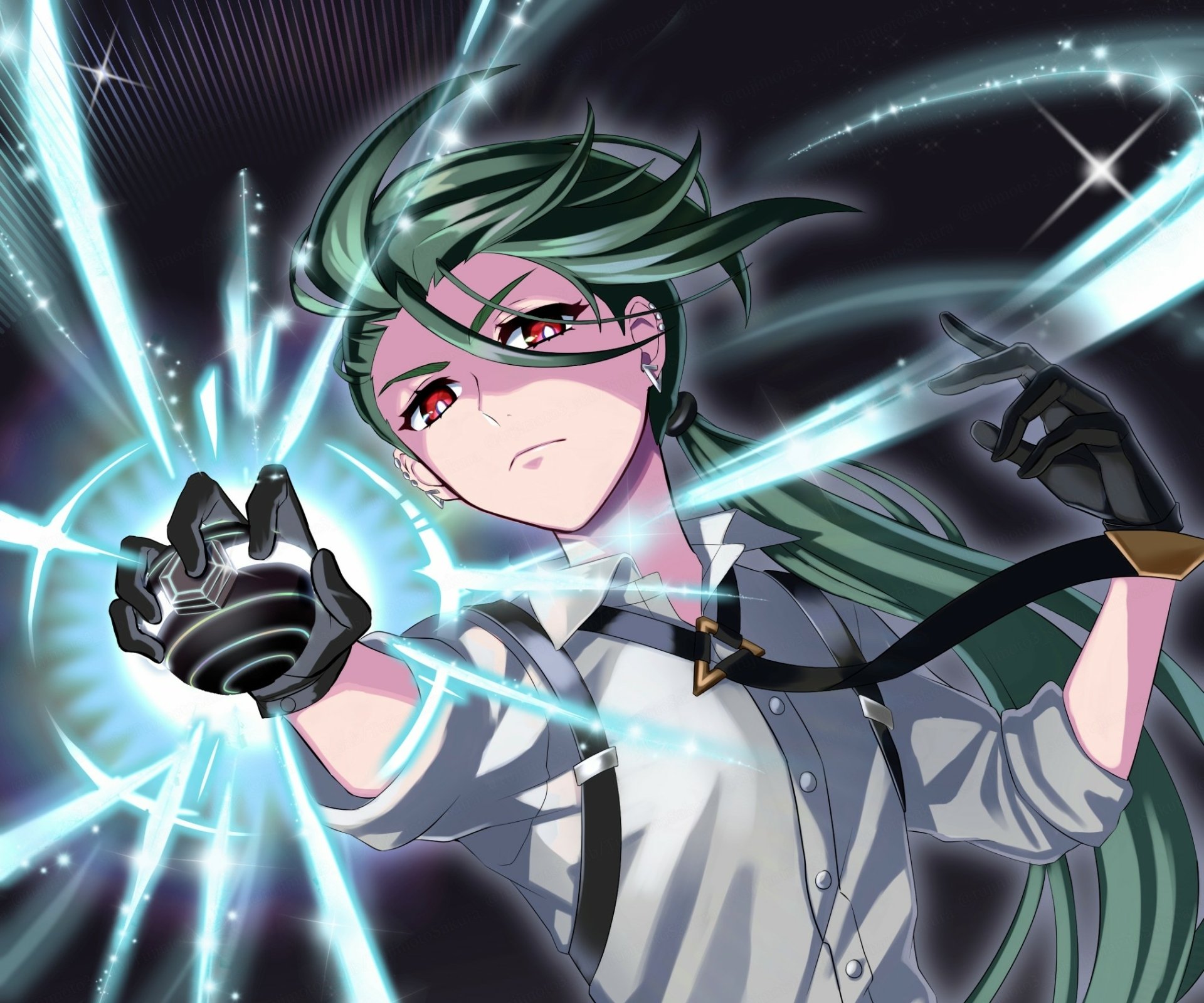 HD PC desktop wallpaper — Pokémon: Scarlet and Violet video game art of a green‑haired character in a gauntlet unleashing blue energy with a dramatic starburst background.