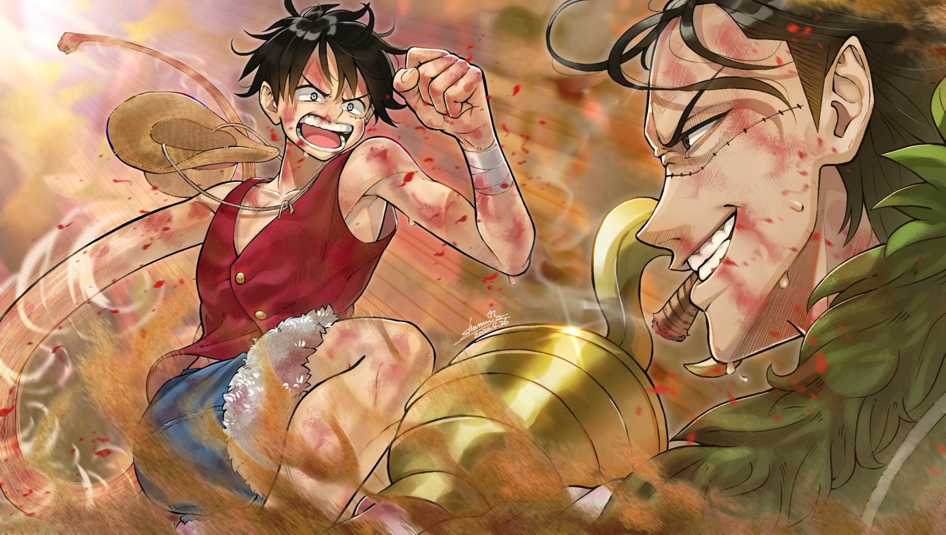 Monkey D. Luffy fights Crocodile (One Piece) in a dynamic anime One Piece scene — vivid 2K Quad HD PC desktop wallpaper/background filled with dust, grins and battle energy.