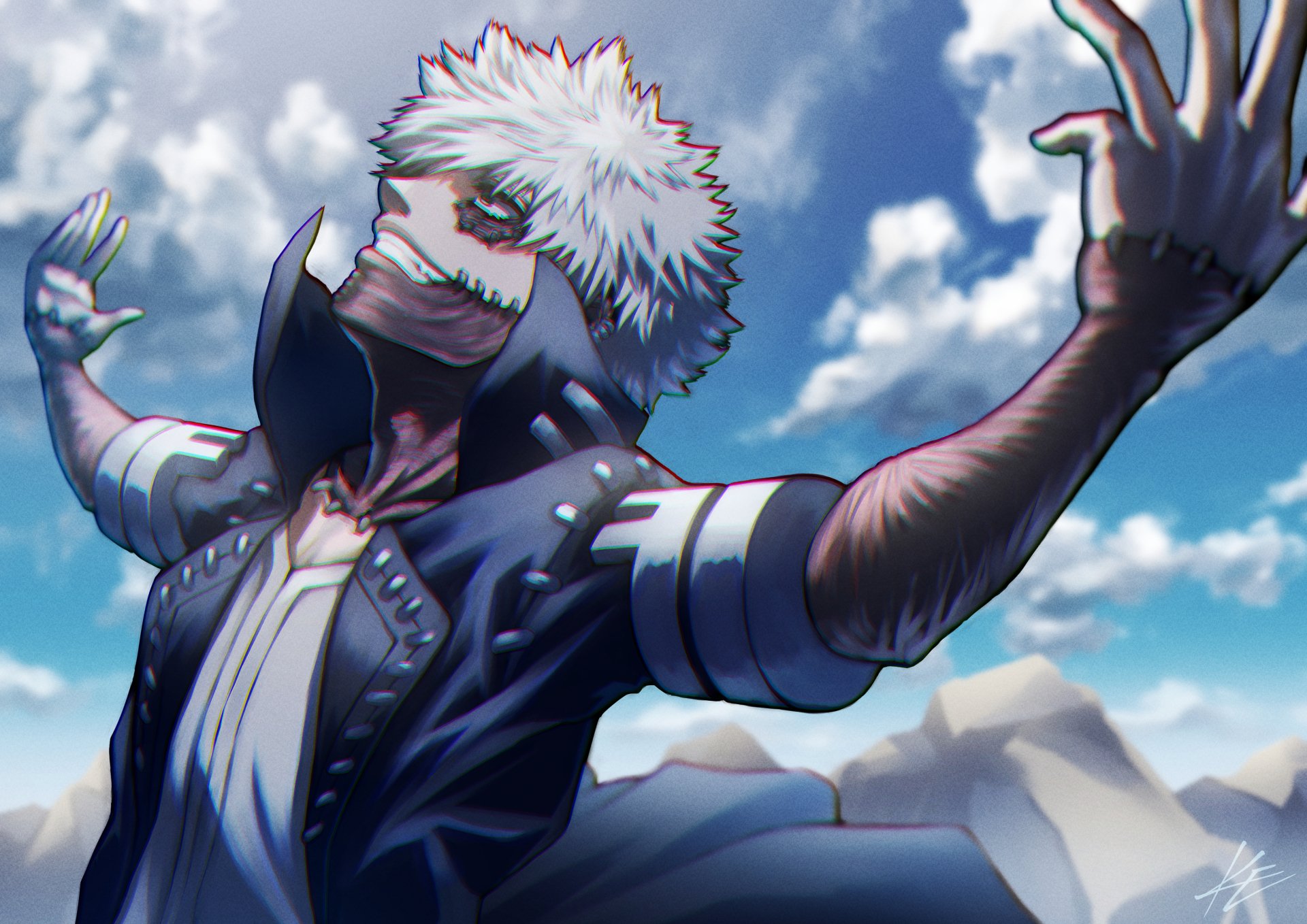 Dabi (Boku No Hero Academia) in a dramatic, windswept pose with stitched scars and dark coat under a bright sky — 4K Ultra HD anime PC desktop wallpaper/background