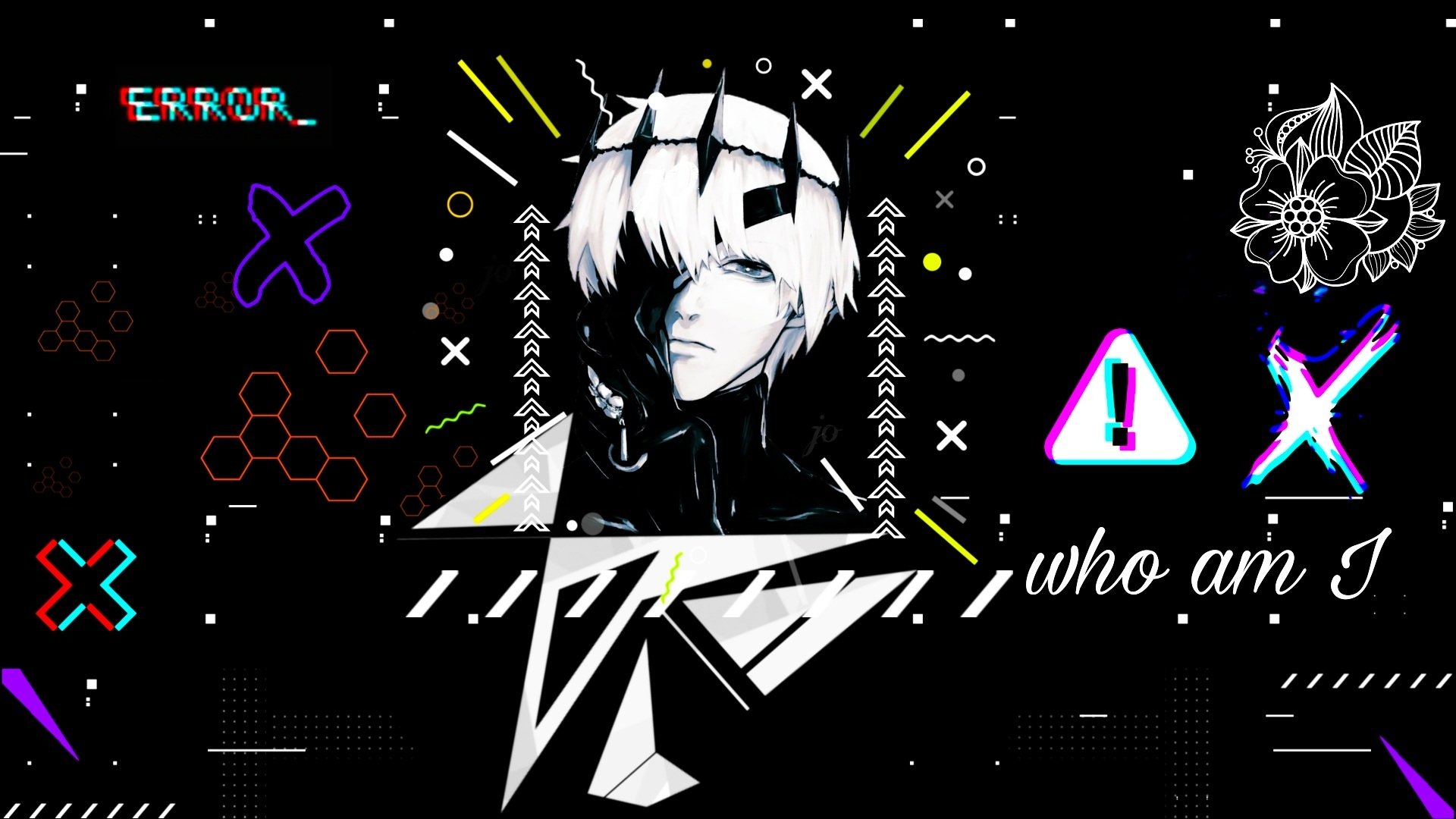 HD anime desktop wallpaper featuring a Tokyo Ghoul character with glitch effects and abstract neon symbols on a black background.