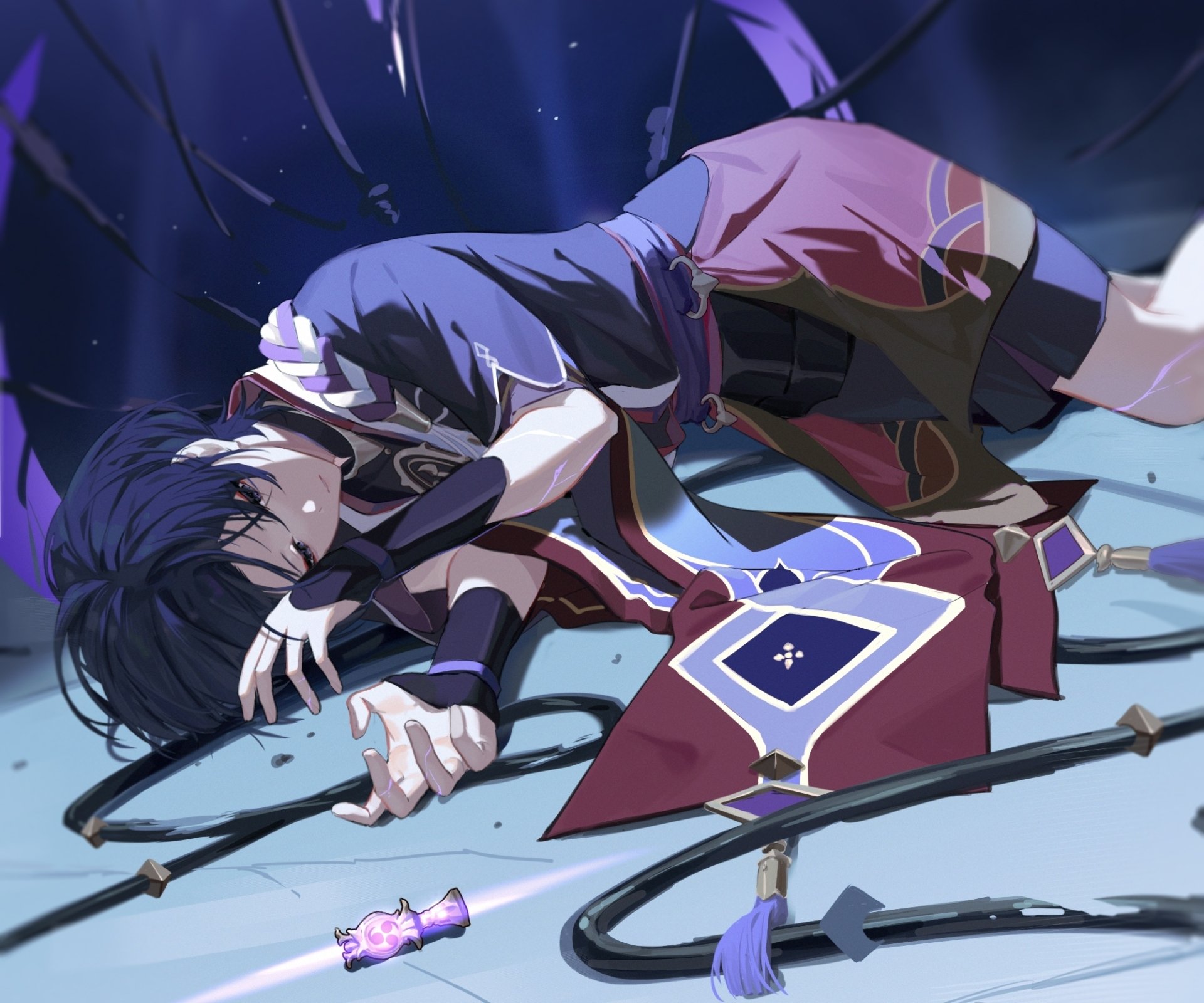 HD PC desktop wallpaper featuring Scaramouche from the video game Genshin Impact, depicted lying on the ground with a solemn expression in a detailed anime-style artwork.