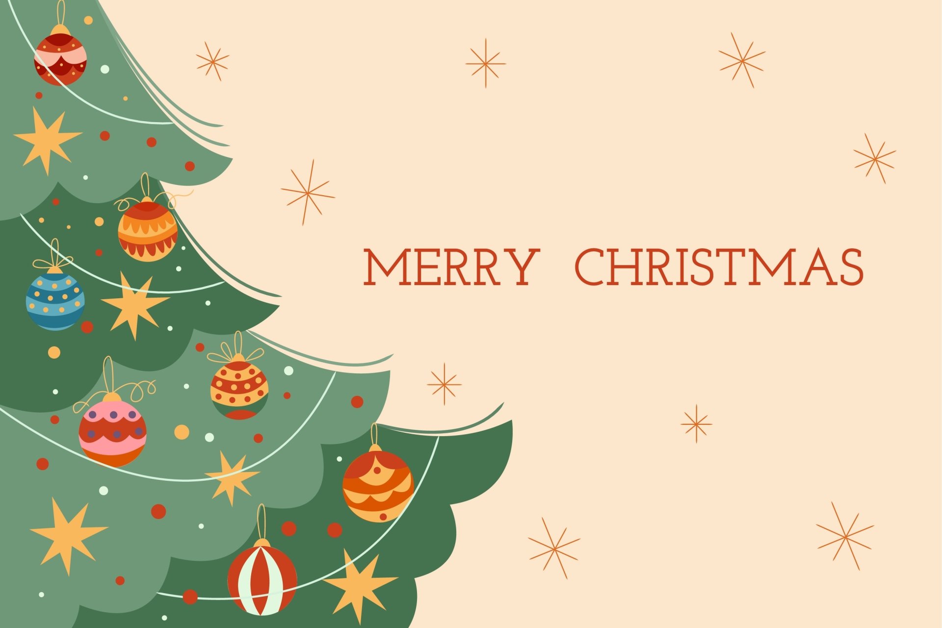 HD PC desktop wallpaper featuring a decorated Christmas tree with colorful ornaments and stars, accompanied by the text Merry Christmas on a light background.