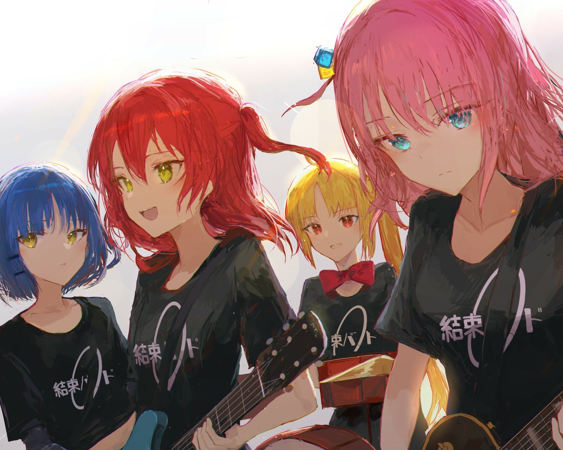 HD anime wallpaper featuring Hitori Gotou, Nijika Ijichi, Ikuyo Kita, and Ryou Yamada from Bocchi the Rock! in black shirts playing music together.