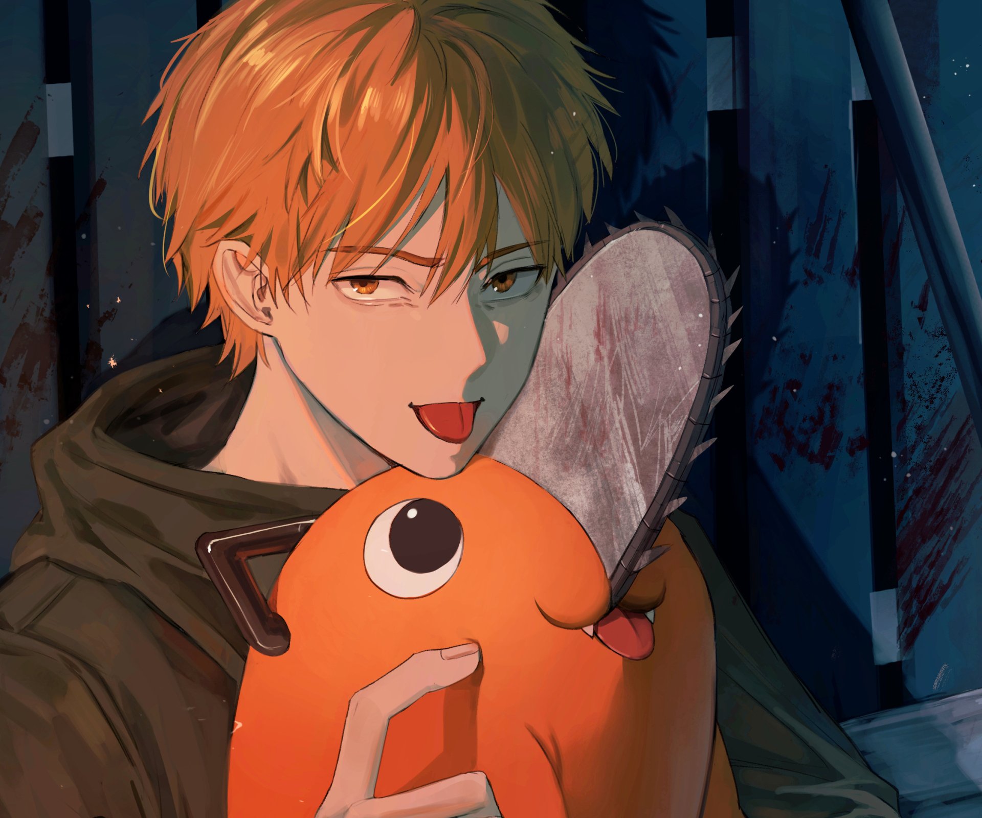 HD anime wallpaper featuring Denji from Chainsaw Man holding Pochita with a playful expression, capturing the series' intense and unique style.