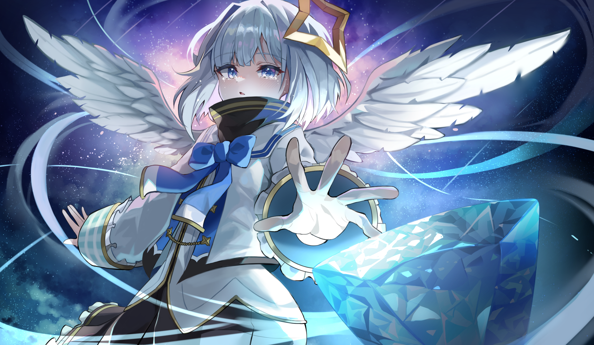 4K Ultra HD anime wallpaper of Amane Kanata from hololive, depicted as a radiant angel with white wings and a mystical blue aura, embodying a virtual Youtuber's celestial charm.