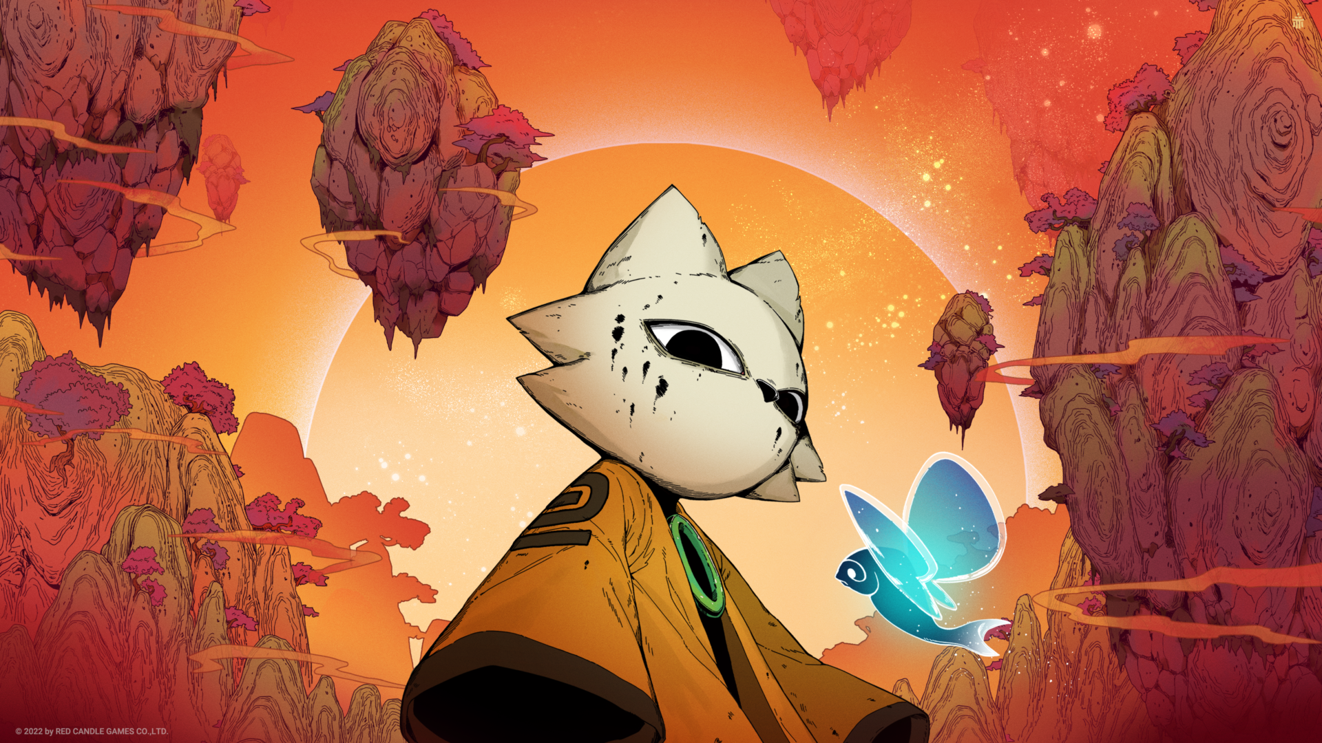 HD PC desktop wallpaper from the video game Nine Sols featuring a masked character and glowing blue butterfly against a vibrant, surreal orange landscape.