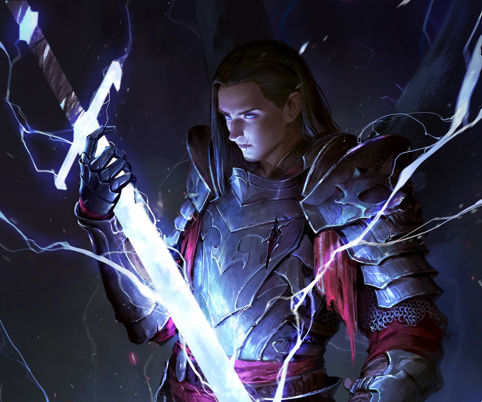 HD PC desktop wallpaper background — fantasy woman warrior in gleaming armor holds a crackling, glowing sword as lightning arcs around her against a dark, stormy backdrop.