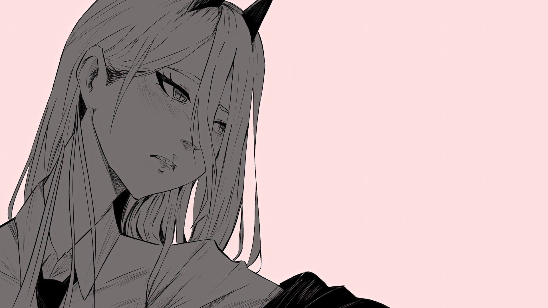 Power from Chainsaw Man is depicted in this 8K Ultra HD anime wallpaper, showcasing detailed line art and a soft pink background.