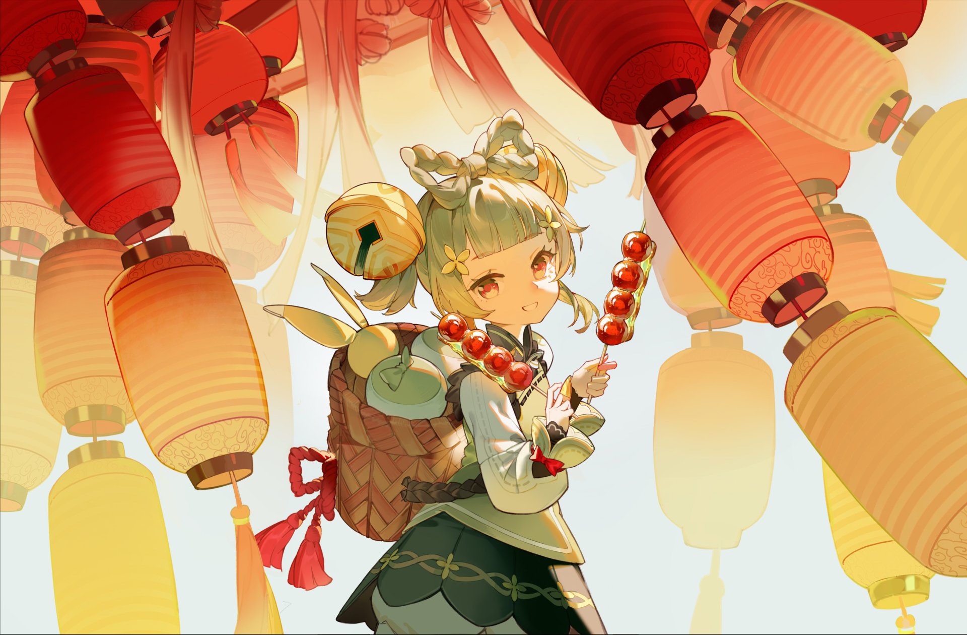 Yaoyao from the video game Genshin Impact stands beneath glowing red lanterns, holding skewered sweets and wearing a bamboo pack — 2K Quad HD PC desktop wallpaper and background.
