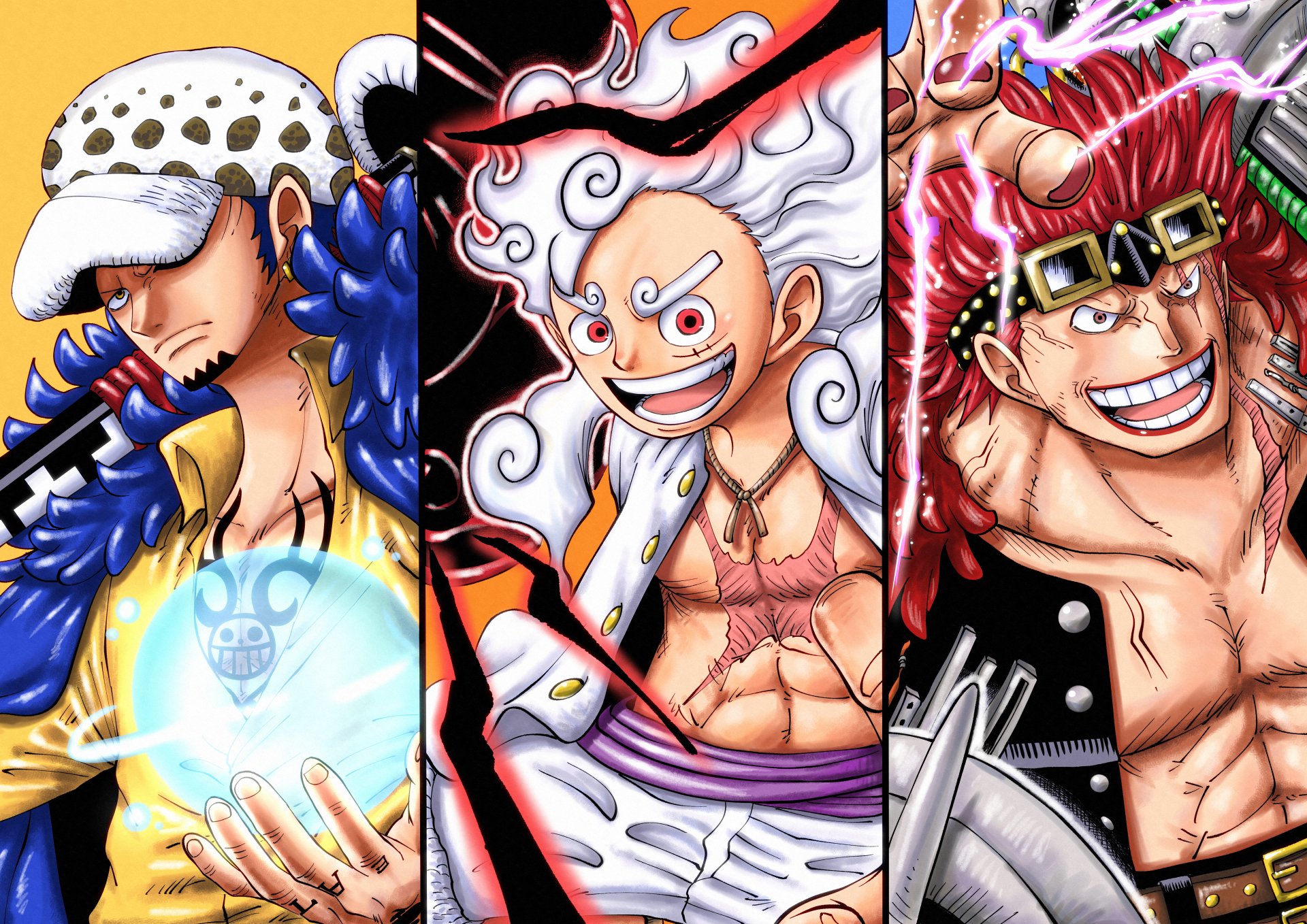 5K Ultra HD PC desktop One Piece wallpaper: split-panel anime of Eustass Kid, Monkey D. Luffy (Gear 5), and Trafalgar Law in bold, dynamic poses.