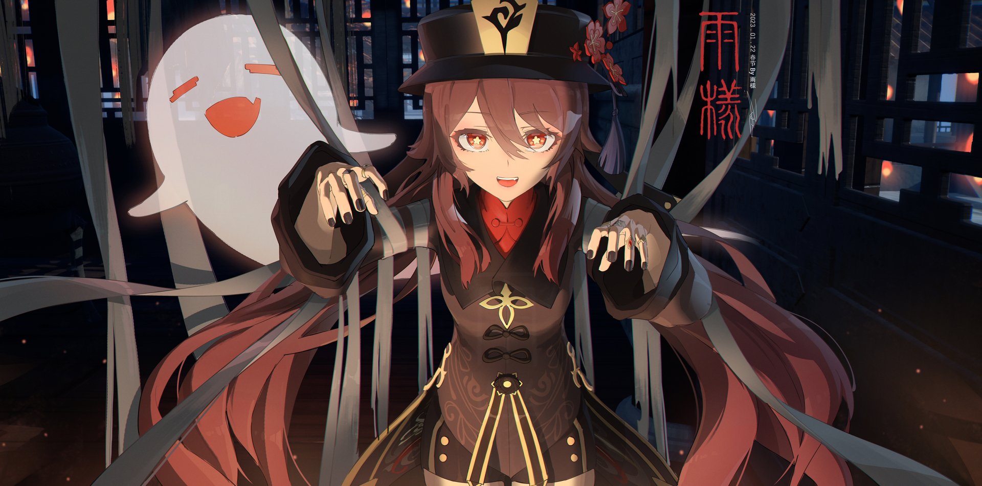 HD PC desktop wallpaper of Hu Tao from the video game Genshin Impact, featuring her playful pose with a glowing ghost in a dark, atmospheric setting.