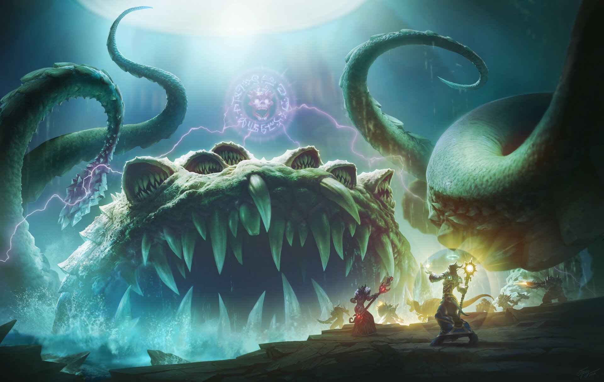 HD World of Warcraft desktop wallpaper featuring a massive sea monster with glowing eyes and tentacles, facing a group of spellcasters in a misty, stormy environment.