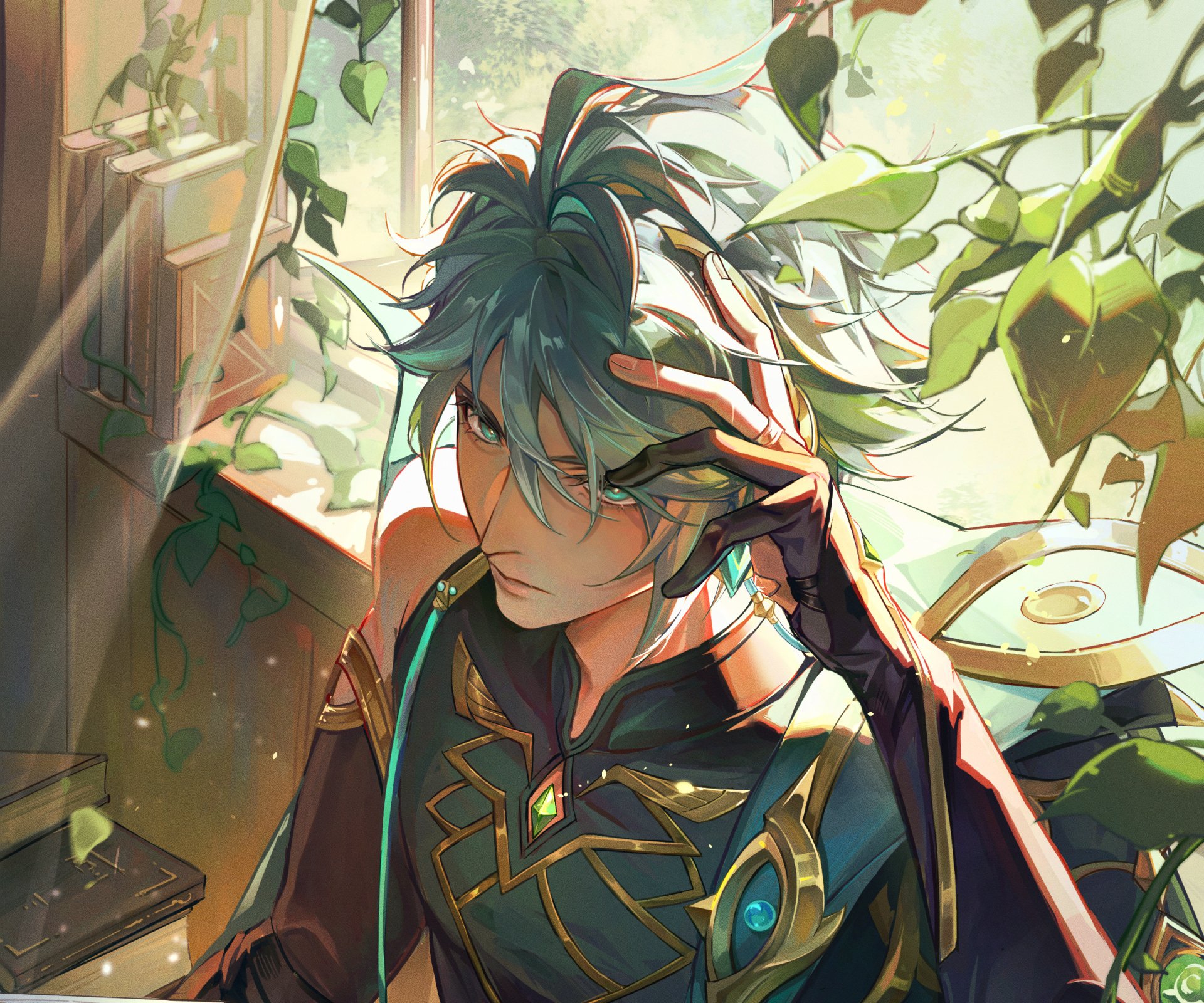 Al-haitham (Genshin Impact) portrait in sunlit foliage — stylized video game art, HD PC desktop wallpaper and background.