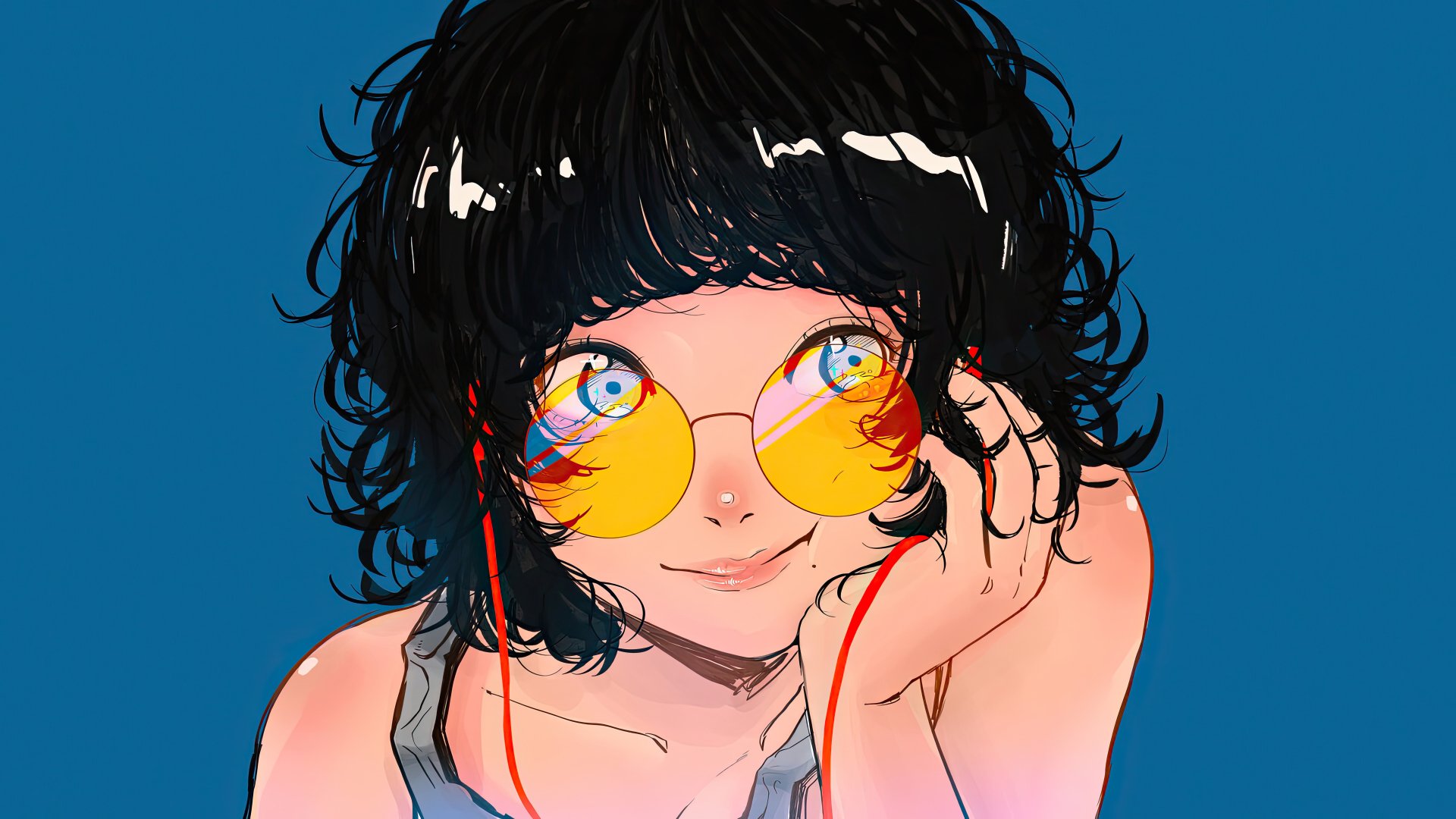 Anime girl with short black hair and round yellow sunglasses, rendered in vibrant colors for an 8K Ultra HD PC desktop wallpaper background.