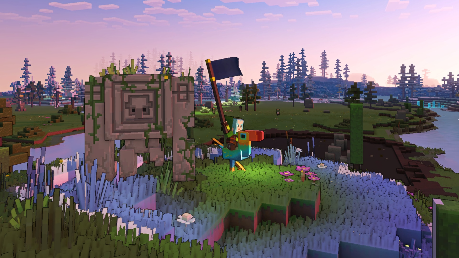 HD PC desktop wallpaper featuring a vibrant Minecraft Legends scene with a character holding a flag beside a moss-covered stone statue in a blocky, pixelated landscape.