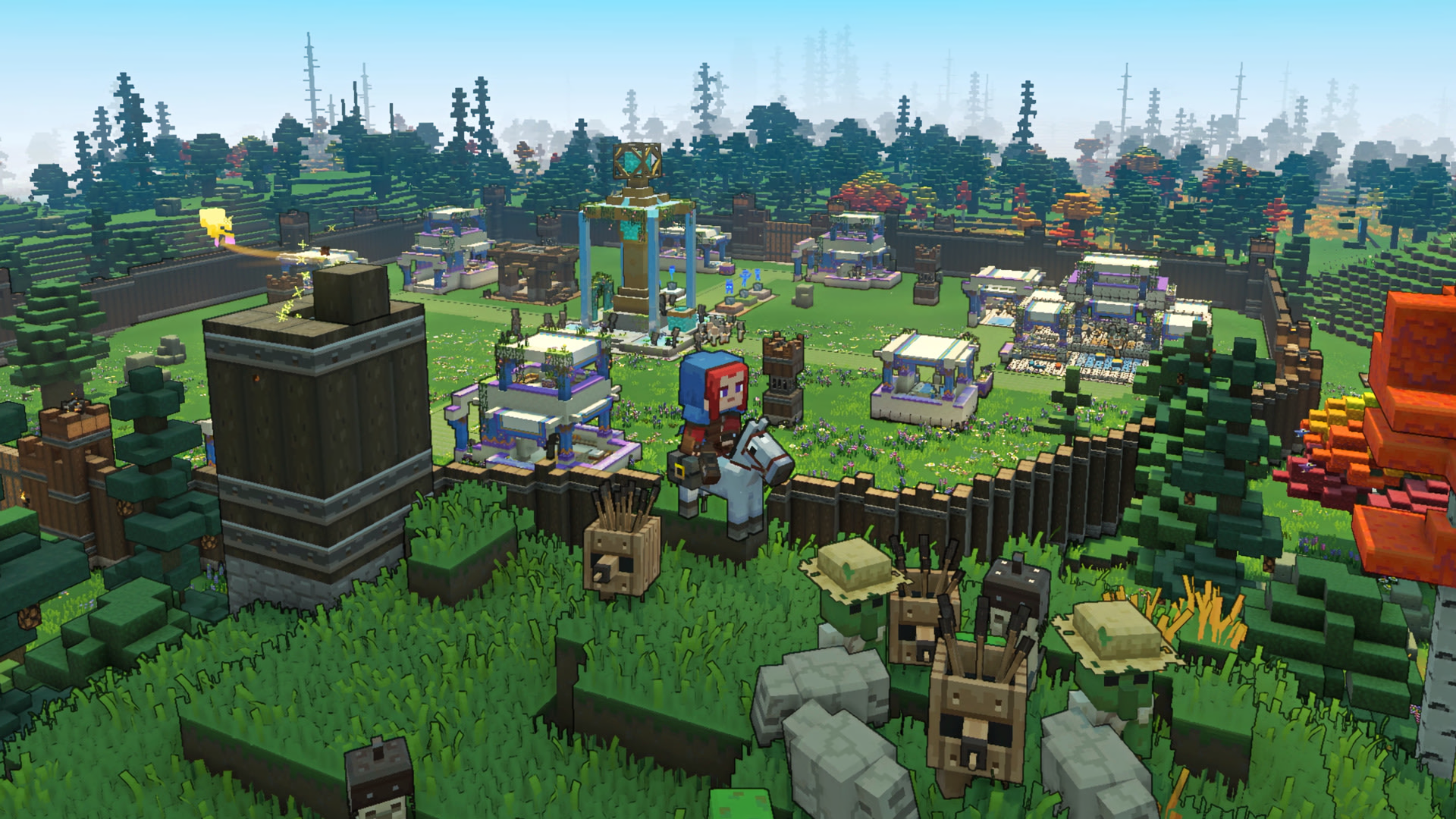 HD PC desktop wallpaper featuring a vibrant Minecraft Legends village with blocky characters, buildings, and lush forest surroundings from the video game Minecraft Legends.