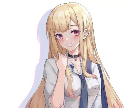 Marin Kitagawa from My Dress-Up Darling smiling, long blonde hair, pink eyes, school blouse with tie and choker — 2K Quad-HD anime PC desktop wallpaper/background.