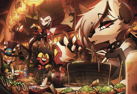 Vibrant HD wallpaper featuring characters from the TV show Helluva Boss, set in a bustling restaurant scene with colorful food and dynamic interactions.