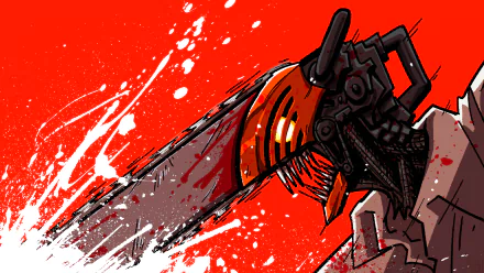 HD anime desktop wallpaper featuring Denji from Chainsaw Man wielding his iconic blood-splattered chainsaw against a vivid red background.