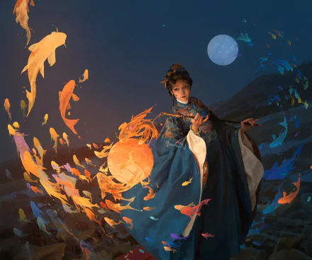 HD fantasy desktop wallpaper featuring an oriental-themed scene with a person in traditional attire, surrounded by colorful, ethereal fish under a moonlit sky.