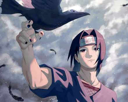 HD anime desktop wallpaper of Itachi Uchiha from Naruto, featuring him reaching out with a crow against a cloudy sky background.