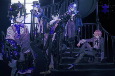 Anime Virtual YouTuber HD PC desktop wallpaper: five stylish characters in gothic purple-blue lighting on a spiral staircase, moody neon shadows, elegant suits and a cat-eared figure.