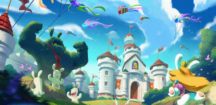 HD PC desktop wallpaper from Mario + Rabbids Sparks of Hope showing a bright castle, playful Rabbids and allies flying kites and colorful sparks under a sunny sky.