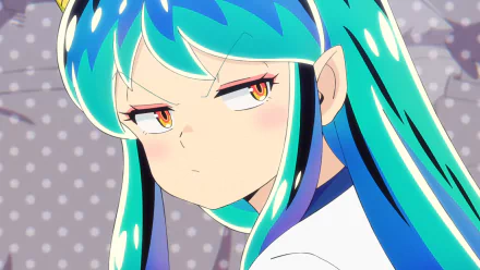 HD PC desktop wallpaper of Lum (Urusei Yatsura), anime portrait from Urusei Yatsura (2022): teal hair, golden eyes, pouty annoyed expression against a soft polka-dot background.